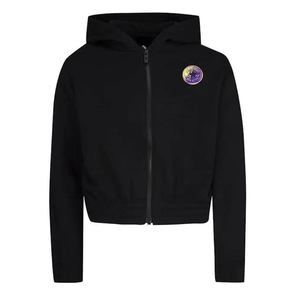 Converse Hoodie Girls Medium Black Stretch Drop Shoulder Full Zip Cropped RED574